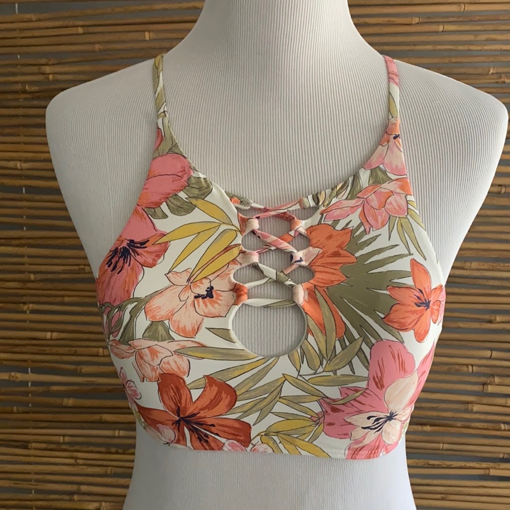 New Billabong Bikini Top SM Tropic Luv High Neck Floral Crop Top